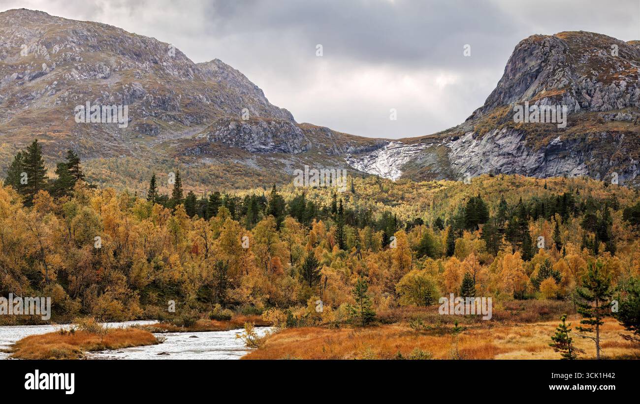 Equilibrio panoramico tra natura selvaggia, foresta autunnale norvegese e valle del fiume riposano sotto torreggianti scogliere in soffice luce dorata, perfetto per viaggi consapevoli e N Foto Stock