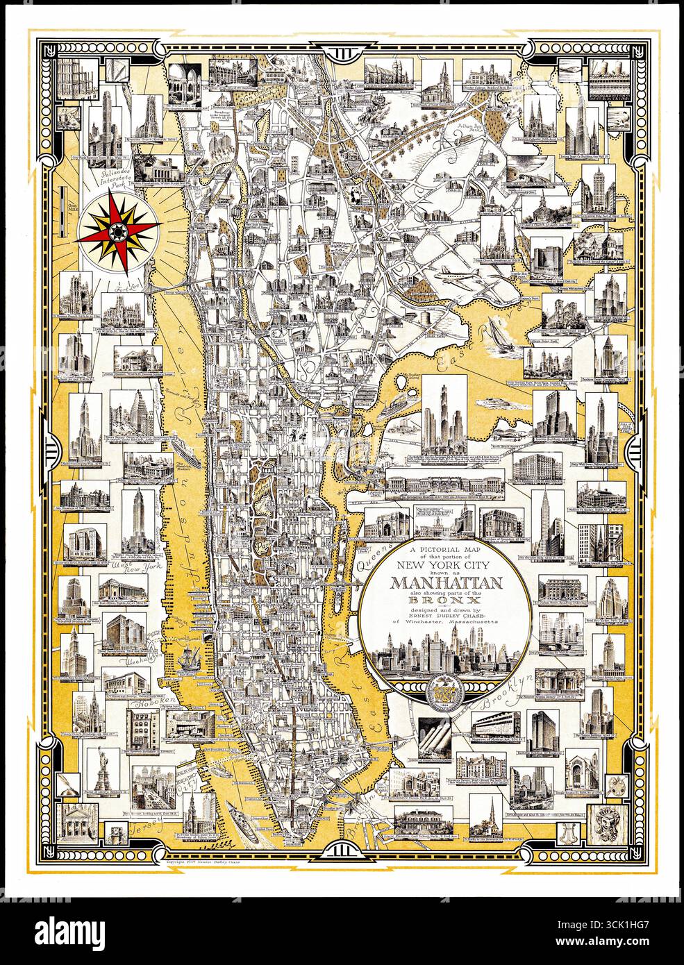 Mappa pittorica di Manhattan e del Bronx, New York City, mappa della città illustrata d'epoca che mostra i monumenti e le strade Foto Stock