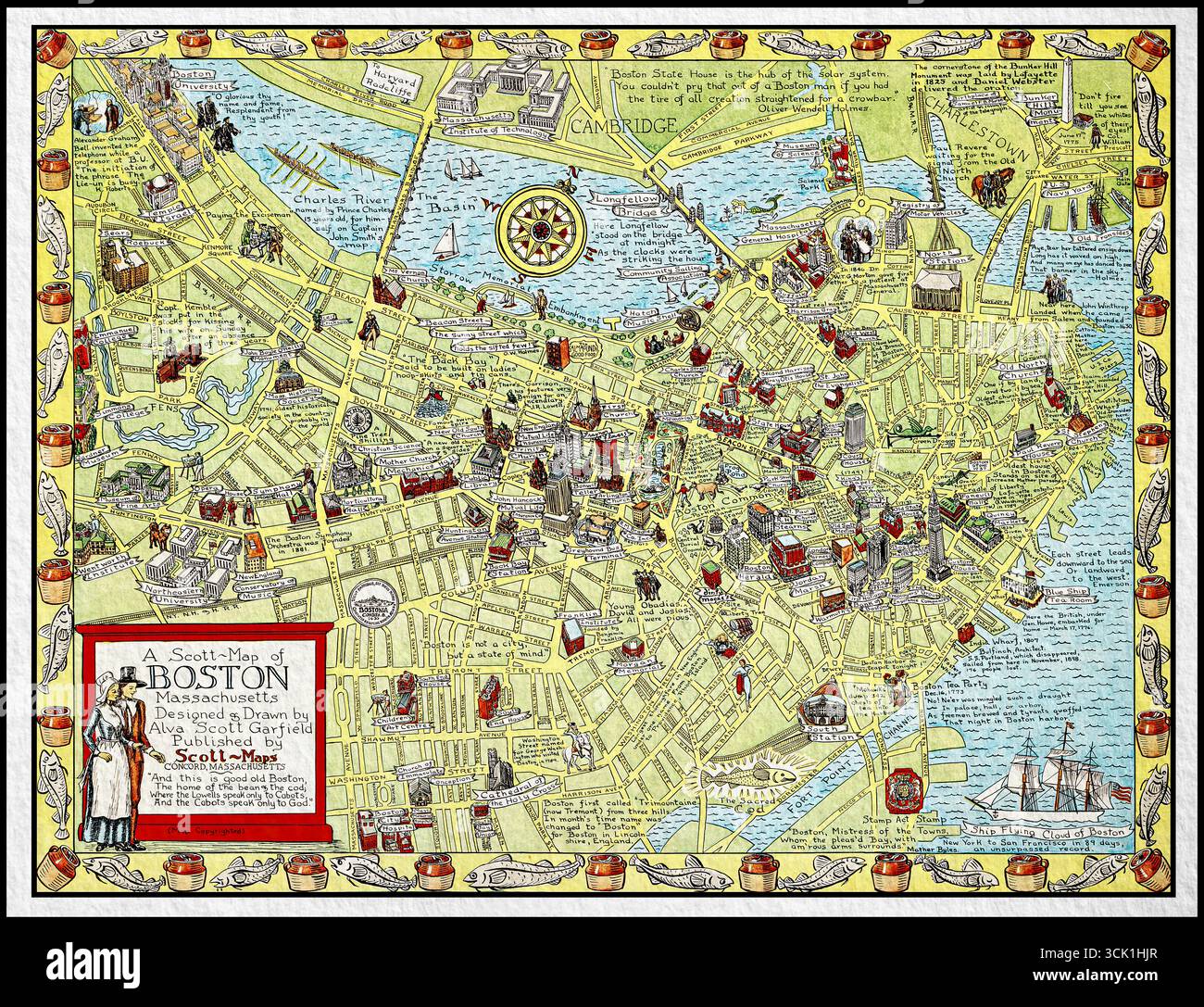 Una mappa Scott di Boston, Massachusetts, piano pittorico della città degli anni '1930 con monumenti e dettagli storici cartografia vintage USA Foto Stock