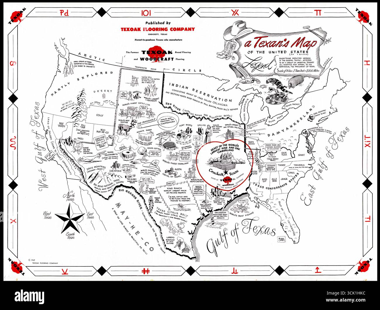 Mappa texana degli Stati Uniti del Texas mappa pittorica umoristica con illustrazione satirica e cartografia vintage USA Foto Stock