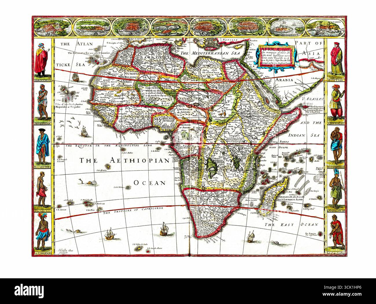 Africæ, descritto - John Speed 1626 mappa dell'Africa con vedute etnografiche, abitudini ed edifici, cartografia inglese antica Foto Stock