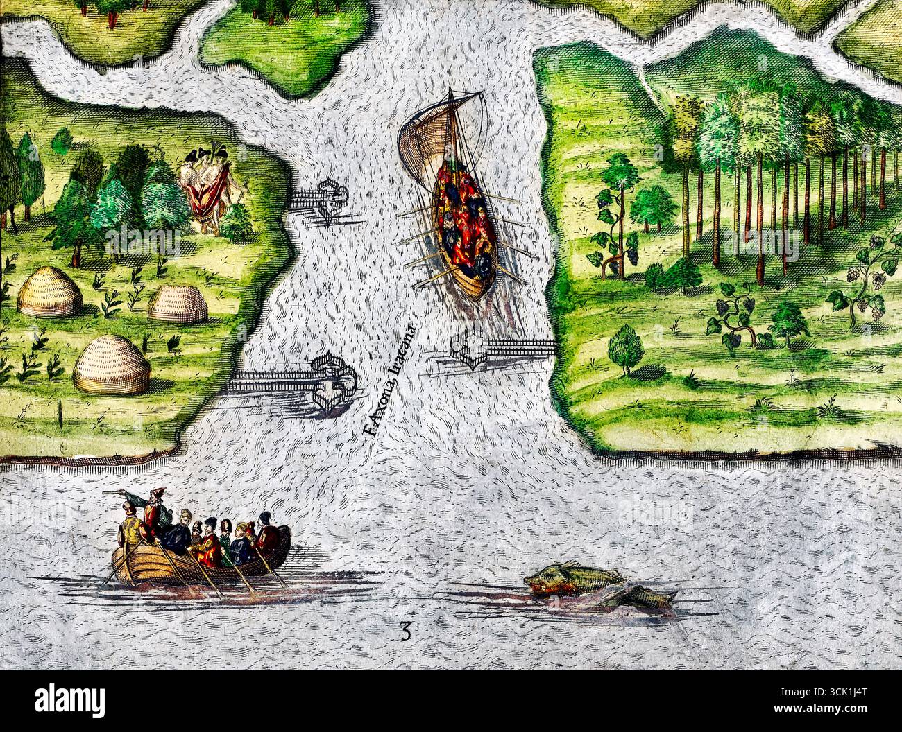 Illustrazione della mappa da Grand Voyages (1596) di Theodor de Bry – storica Cartografia antica del XVI secolo, rara opera d'arte della mappa d'epoca Foto Stock