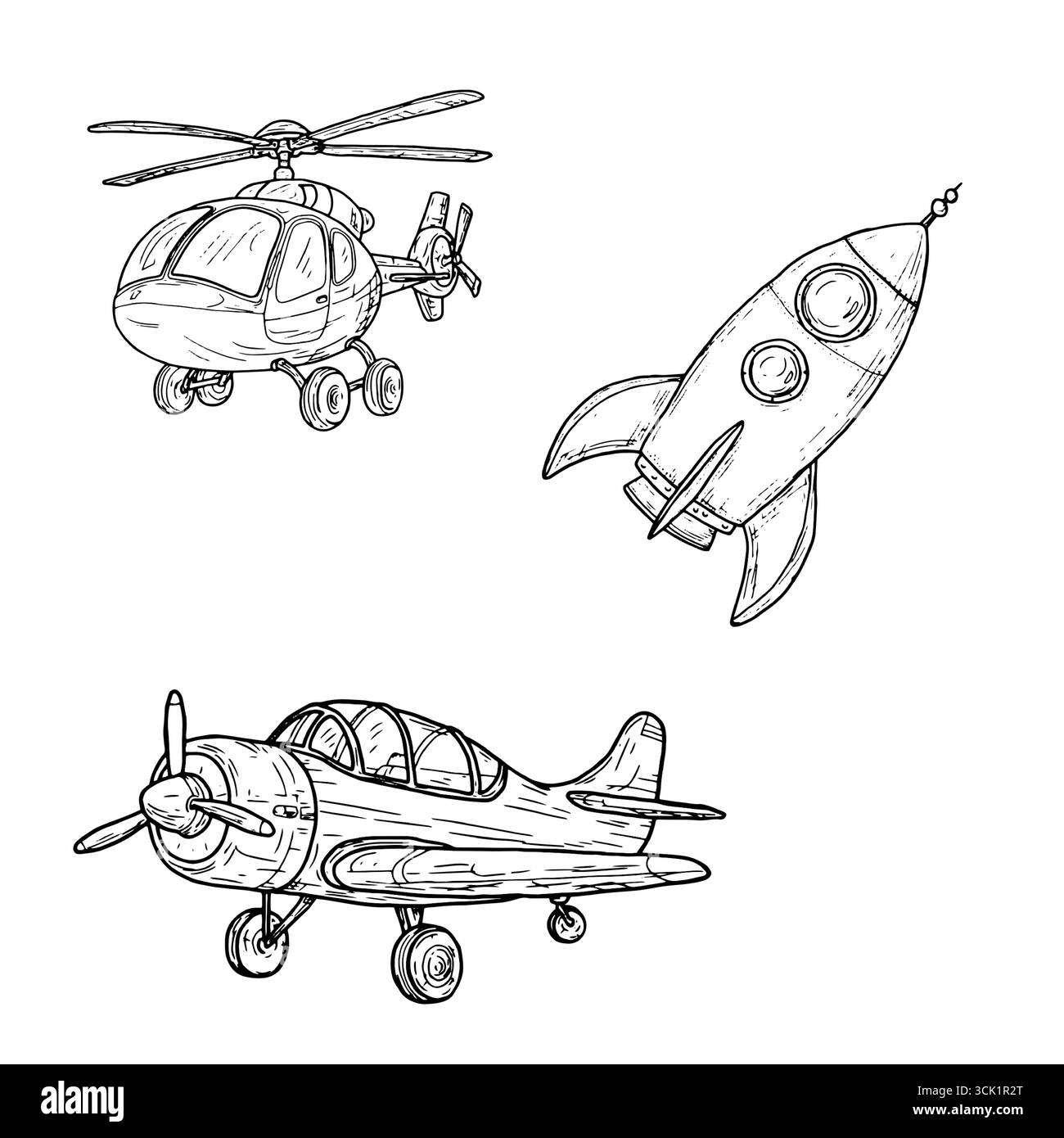 Elicottero e aereo per bambini con elica, sketch. Illustrazione vettoriale. Un giocattolo volante per bambini e un razzo, isolato su uno sfondo bianco. Fil Illustrazione Vettoriale
