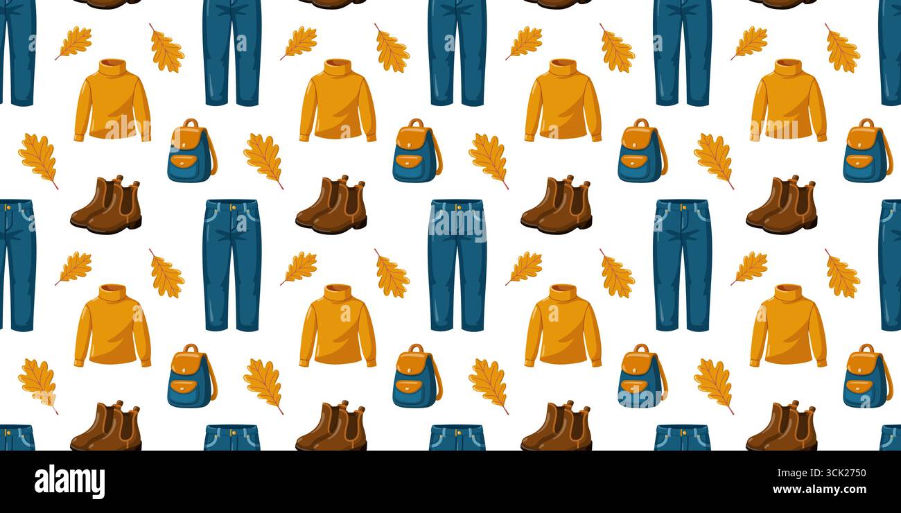 Motivo senza cuciture con abiti autunnali, jeans, maglioni e foglie. Sfondo fogliame vettoriale. Illustrazione Vettoriale
