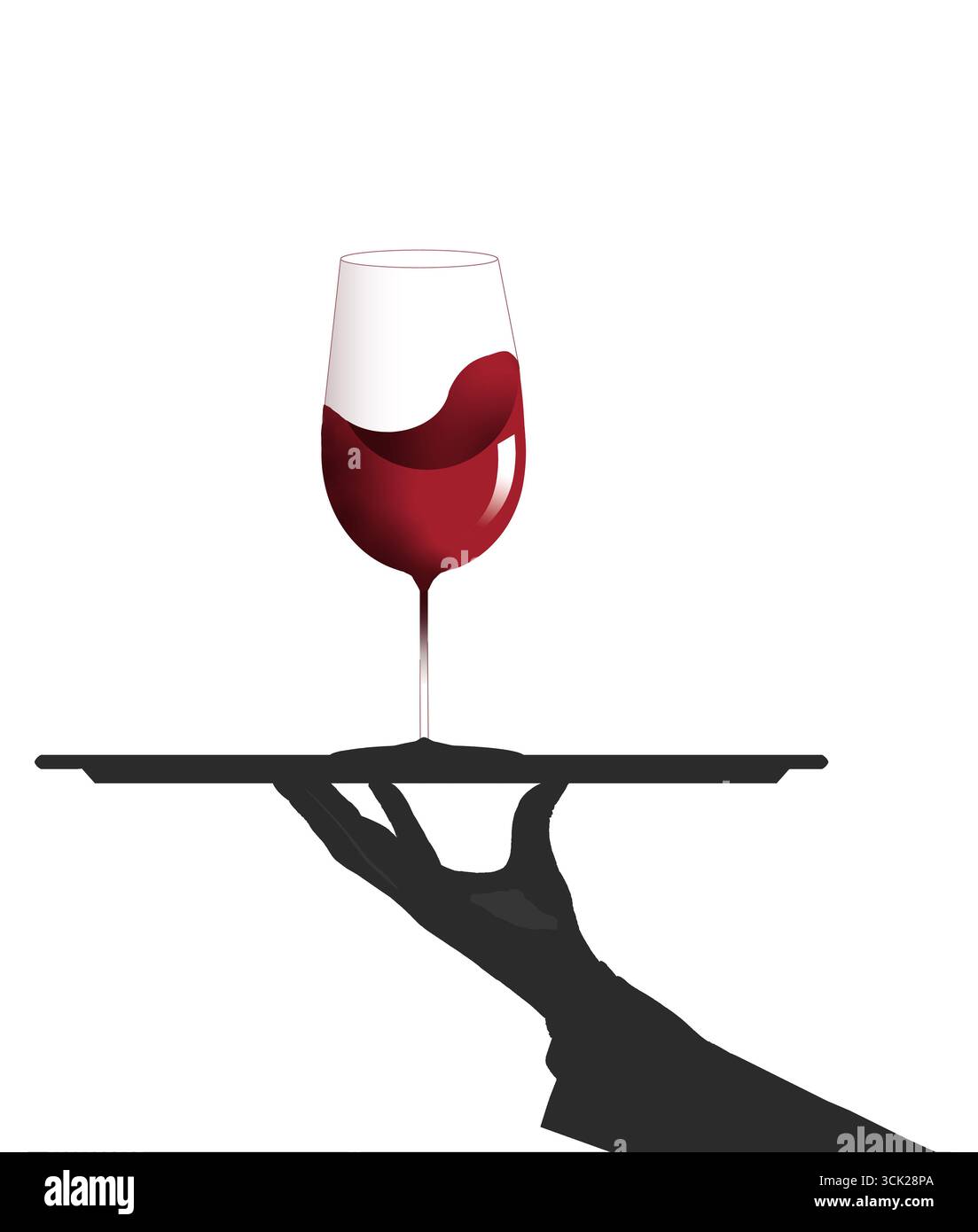 Il vino su un vassoio tenuto da un cameriere è visto in un'illustrazione grafica di vini di vario tipo. Foto Stock