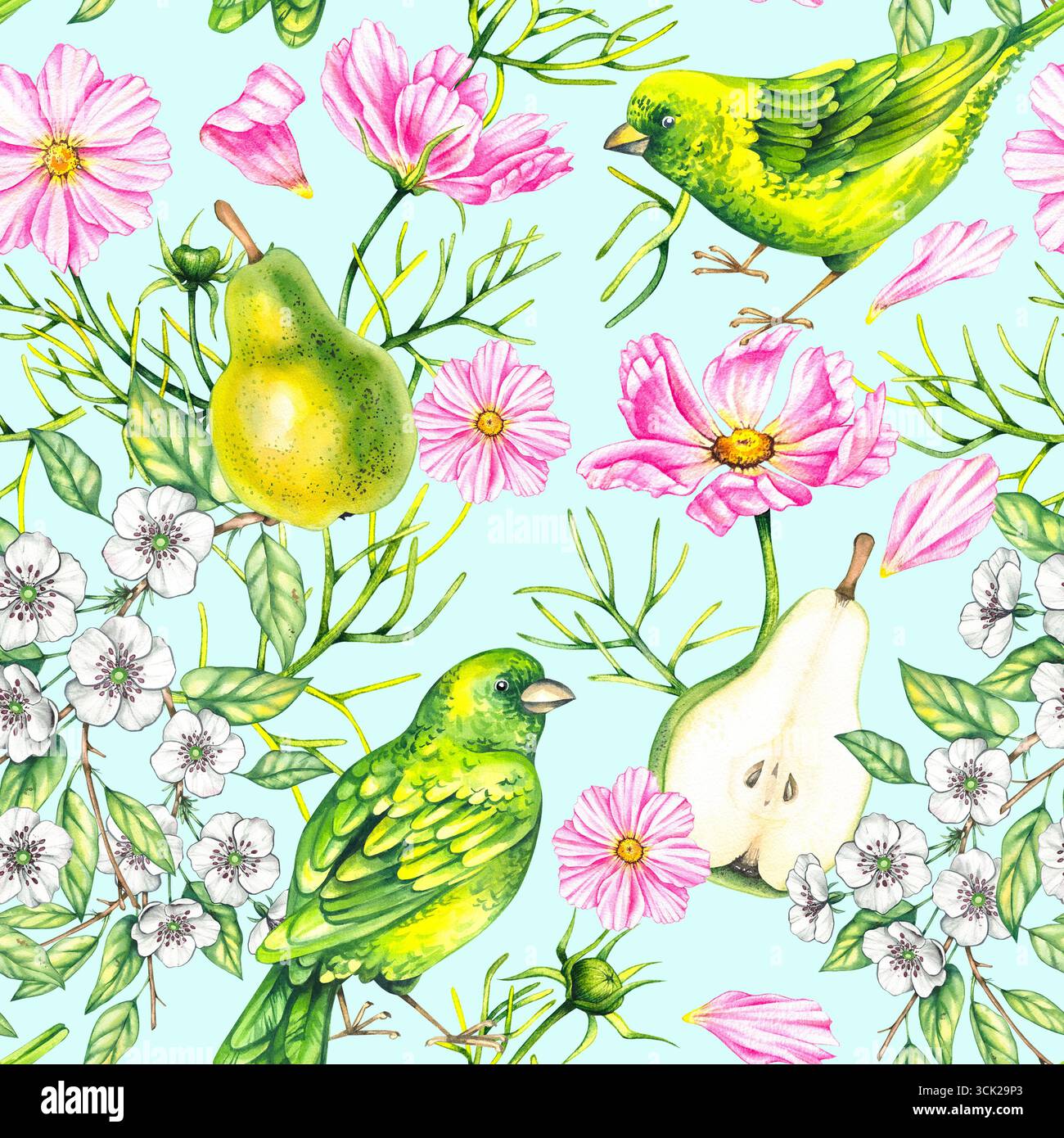 Acquerello floreale fruttato motivo botanico senza cuciture disegnato a mano. Pero cosmo fiori di uccello piante motivo per tessuti e tessuti Foto Stock