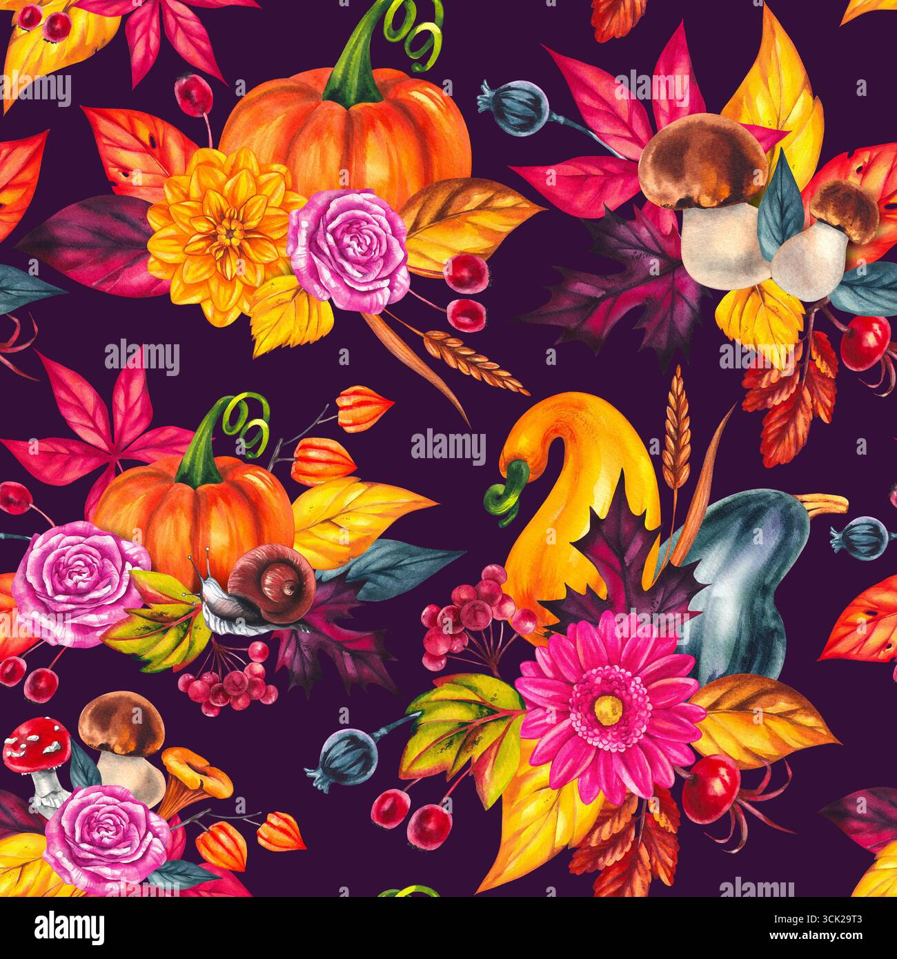 Acquerello autunnale senza cuciture con foglie di fiori. Perfetto per progetti fai-da-te, biglietti, inviti, poster, scrapbooking, branding e packaging per Foto Stock