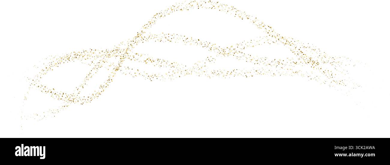 Onda di flusso a stilo dorata, motivo ondulato con glitter. Onde dorate dinamiche con particelle di piccole dimensioni ed effetti luminosi. Sfumatura tratteggiata curva vettoriale dorata Illustrazione Vettoriale
