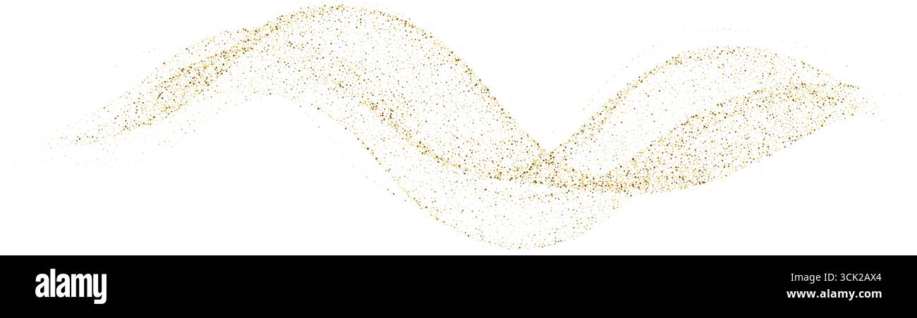 Onda di particelle liquide d'oro con bagliore astratto. Flusso fluido astratto elegante sfumatura tratteggiata ricurva dorata, texture tratteggiata. Splendore natalizio Illustrazione Vettoriale