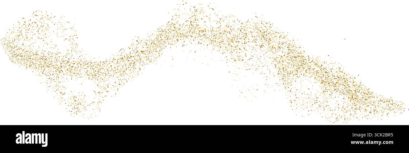 Le particelle d'oro glitter ondulano fluide con lucentezza. Striscia di polvere a punti e coriandoli natalizi per un bagliore dorato astratto e sfondo vettoriale Illustrazione Vettoriale