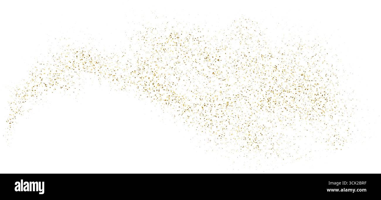 Striscia di polvere liquida per decorazioni natalizie. Coriandoli granulometria oro brillante per un evento festivo. Onda di flusso stipple dorata astratta Illustrazione Vettoriale