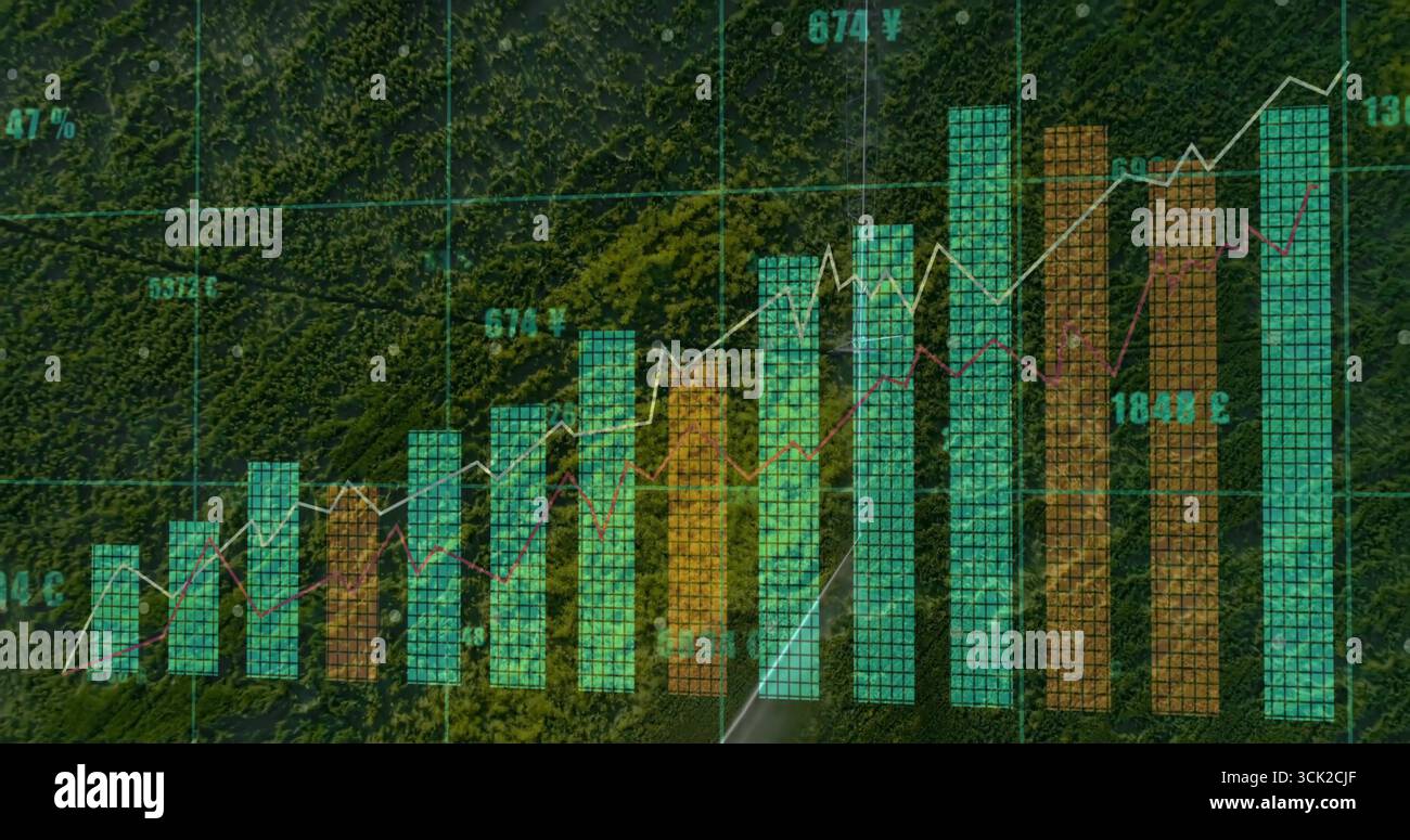 Mappatura dei dati sulla strada forestale dall'alto, con grafico a barre, grafico a linee, griglia e etichette di valuta Foto Stock