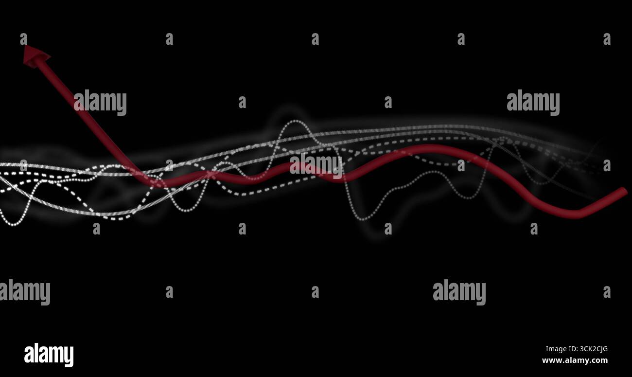 Freccia tridimensionale rossa crescente che segue la curva rossa tra le linee d'onda nello spazio virtuale, copia spazio Foto Stock