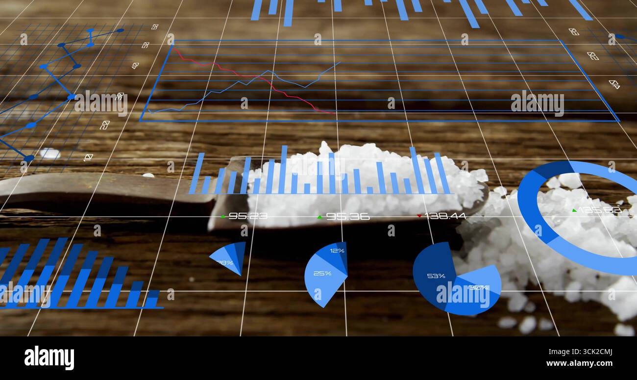 Esposizione di cucchiaio metallico contenente cristalli bianchi su un tavolo in legno, con grafici di dati digitali blu Foto Stock