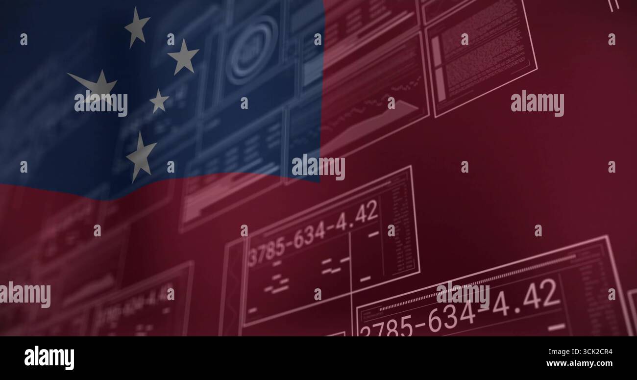 Visualizzazione dell'allarme Samoano digitale su gradiente rosso-blu, con pannelli traslucidi che mostrano codici numerici Foto Stock