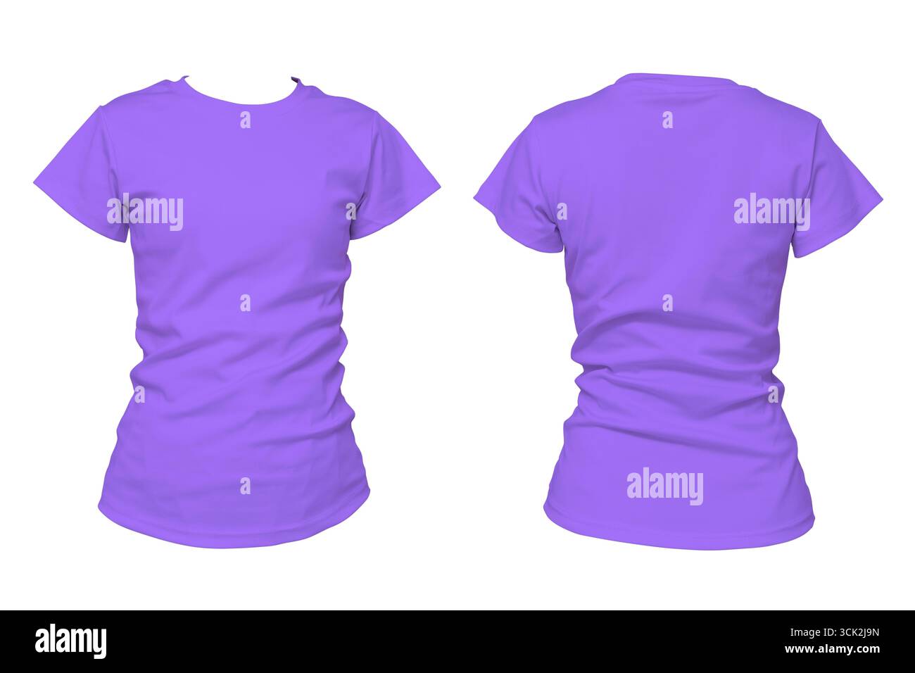 Mockup ad alta risoluzione di t shirt da donna viola semplice fronte e retro isolata su sfondo bianco, modello di design di abbigliamento casual per il branding, Foto Stock