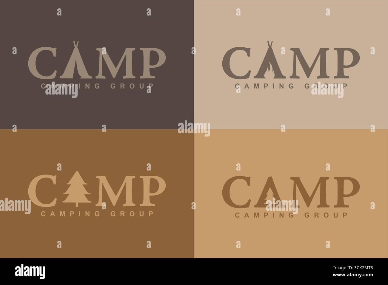 Quattro diversi disegni con logo per un gruppo di campeggi, con tende stilizzate, falò e pini su sfondi dai colori della terra Illustrazione Vettoriale