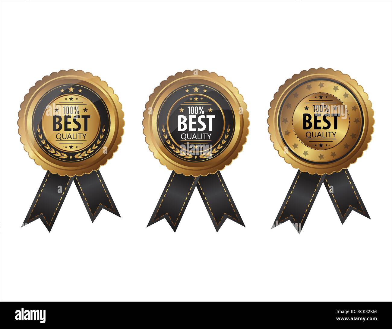 Set di distintivi 100% Best Quality Gold e Black Award con nastri per la garanzia e la certificazione Premium. Set di distintivi Gold Best Quality al 100%. Illustrazione Vettoriale