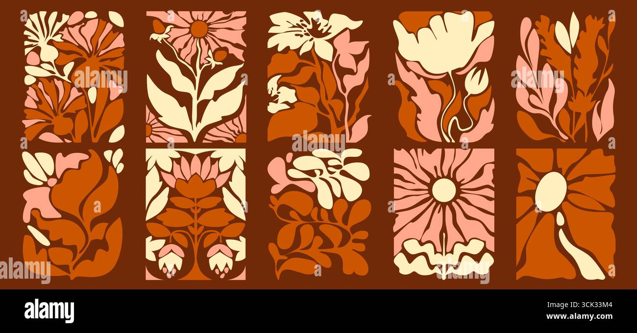 Composizione di foglie retrò astratte con pannelli botanici - silhouette floreali calde con disposizione a griglia. Gli anni Settanta hanno ispirato la grafica della natura per la carta da parati vintage o i tessuti decorativi. Illustrazione Vettoriale