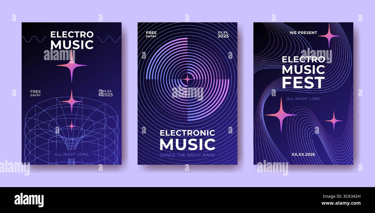 Poster di musica elettronica con onde, onde sonore ondulato, layout per eventi notturni. Stelle di gradiente con motivi circolari, griglie a reticolo e linee fluide per la promozione elettronica di festival Illustrazione Vettoriale