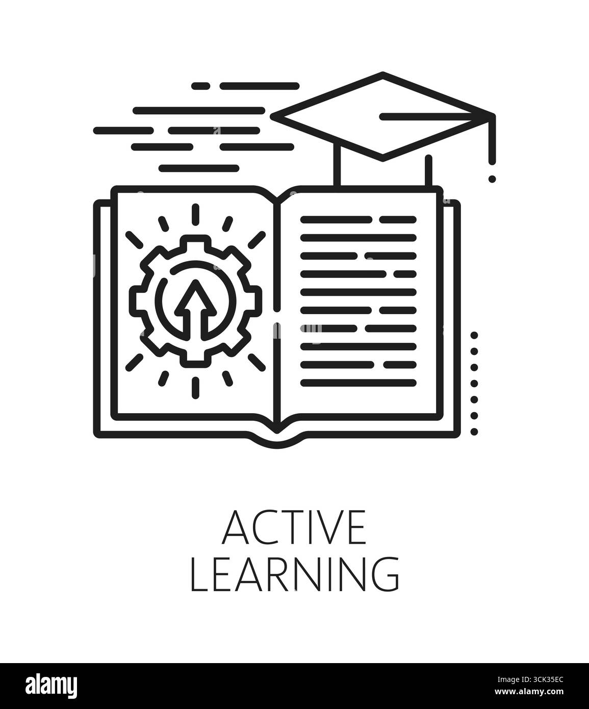 Icona o segno della linea delle competenze di apprendimento attivo. Il potenziale educativo delle persone delinea l'icona vettoriale, il simbolo delle abilità di vita della personalità. Segno di abilità di apprendimento attivo umano con libro di testo aperto, cappello di laurea Illustrazione Vettoriale