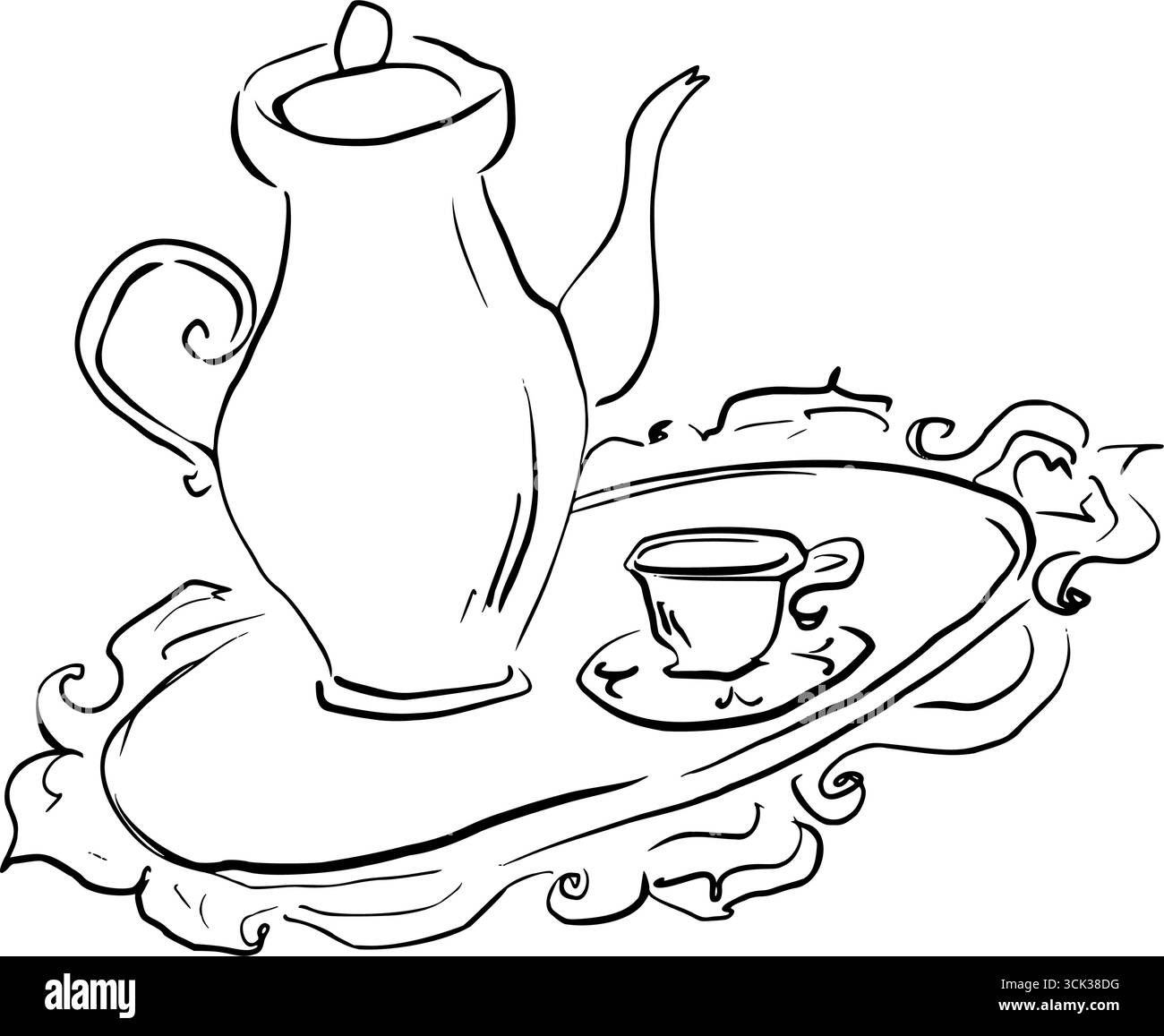 Caffettiera vintage con tazza su vassoio decorato Grafica vettoriale per disegnare rapidamente un'illustrazione grafica della linea. Perfetto per romantici libri, temi per il tea party Illustrazione Vettoriale