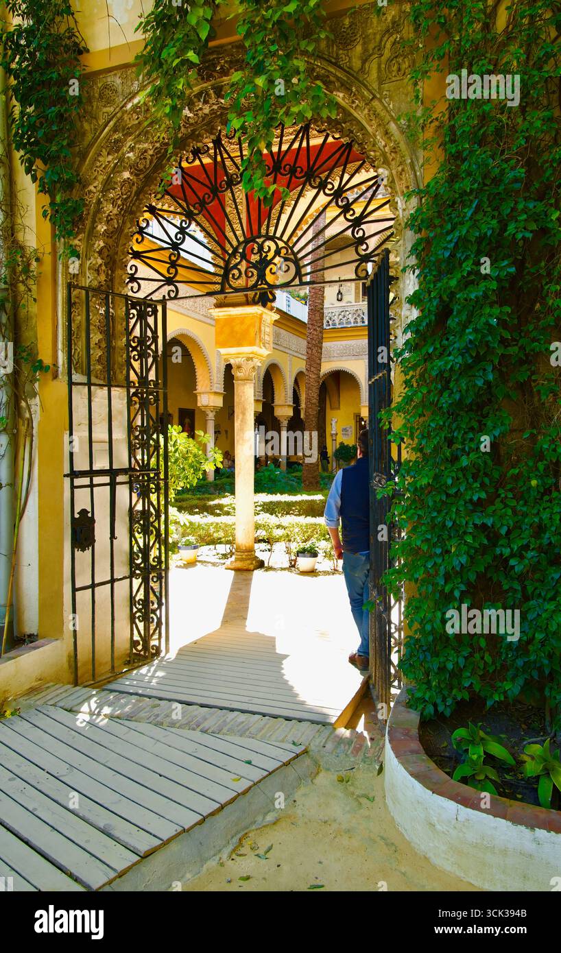 Porte d'ingresso in ferro e arco del cortile principale con archi a colonne e una galleria Palacio de las Dueñas Casa di Alba Siviglia Andalusia Spagna Foto Stock