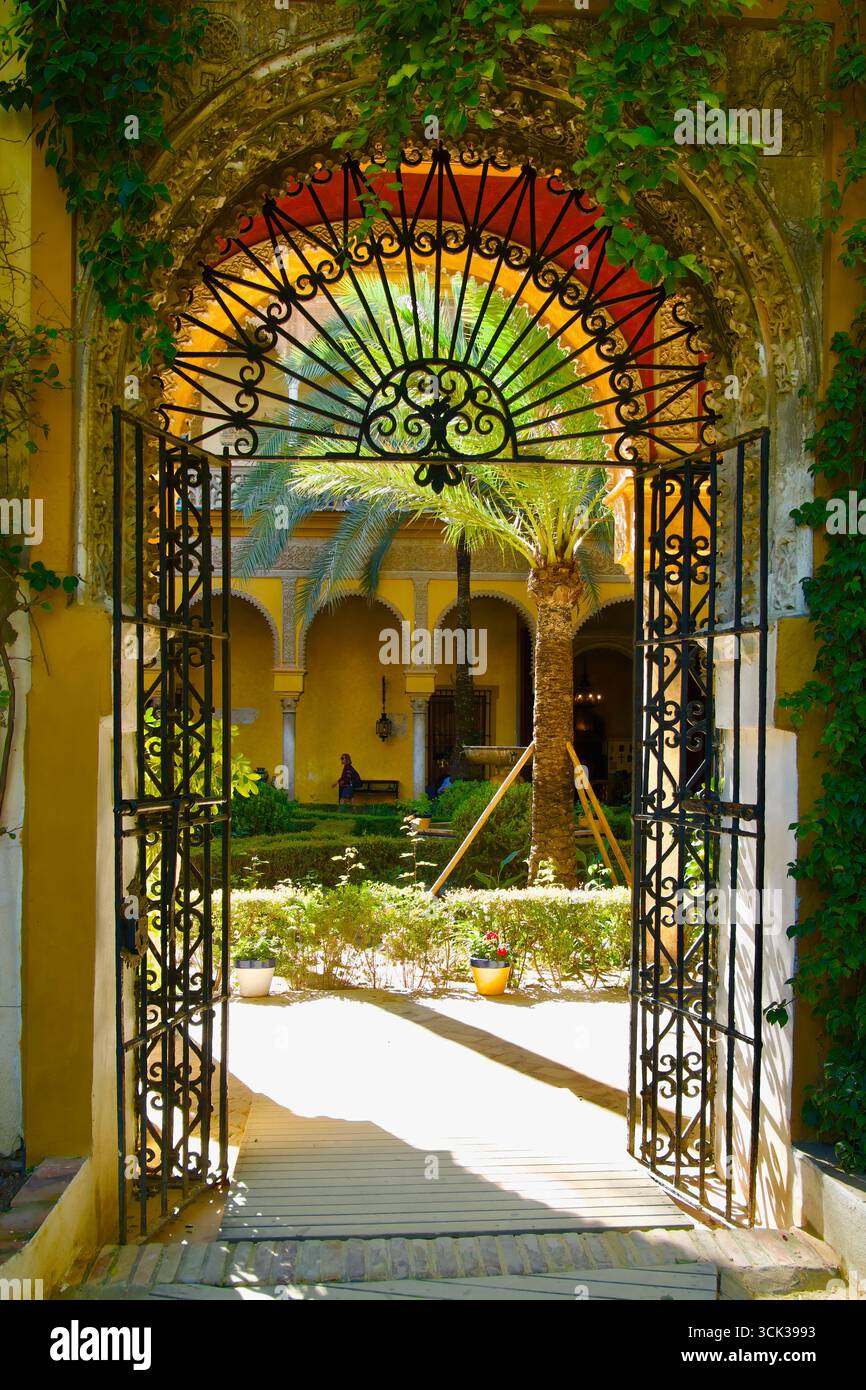 Porte d'ingresso in ferro e arco del cortile principale con archi a colonne e una galleria Palacio de las Dueñas Casa di Alba Siviglia Andalusia Spagna Foto Stock