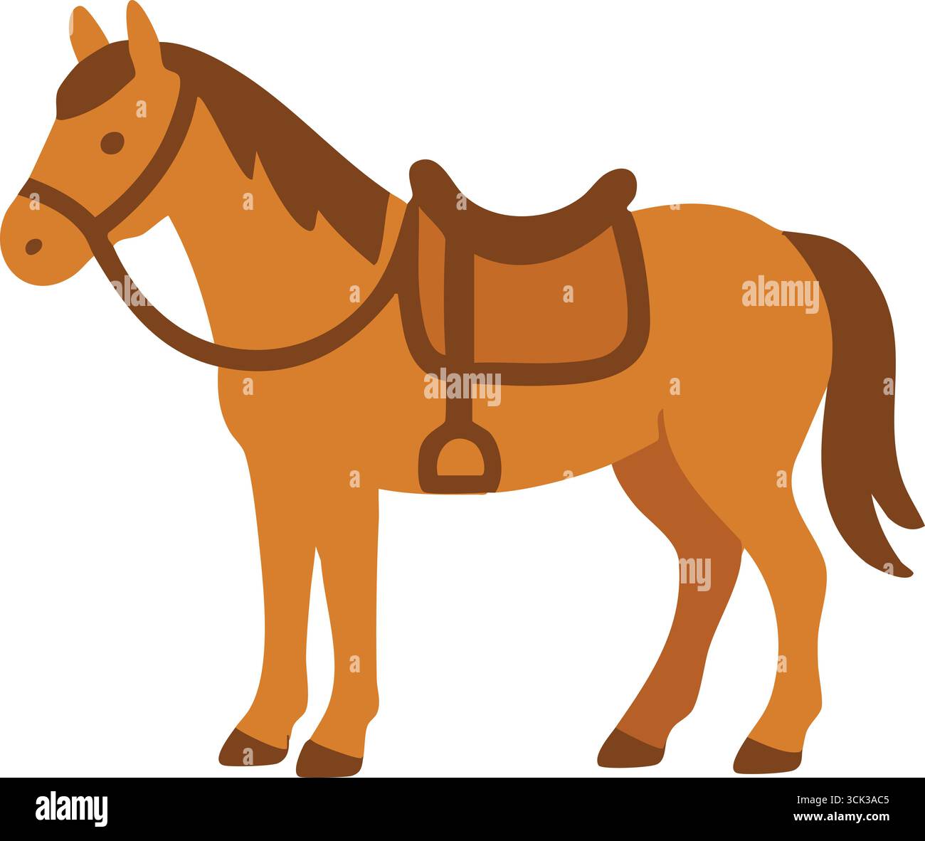 Un cavallo marrone calmo si affaccia a sinistra indossando una coperta da sella e bridle pronto per l'equitazione. Illustrazione Vettoriale
