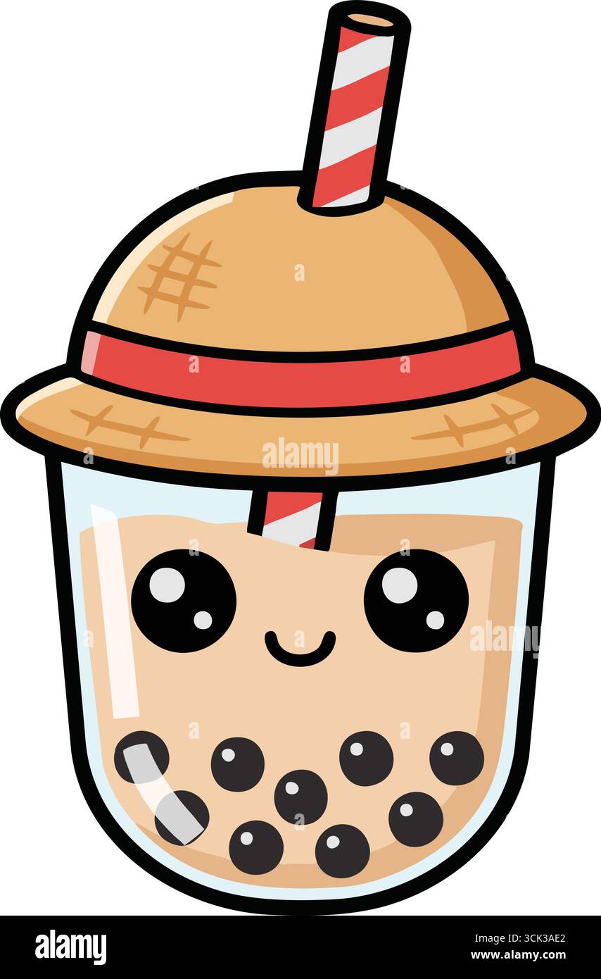 Una tazza sorridente di tè al latte presenta un coperchio a cupola paglia audace e perle di boba nere. Illustrazione Vettoriale