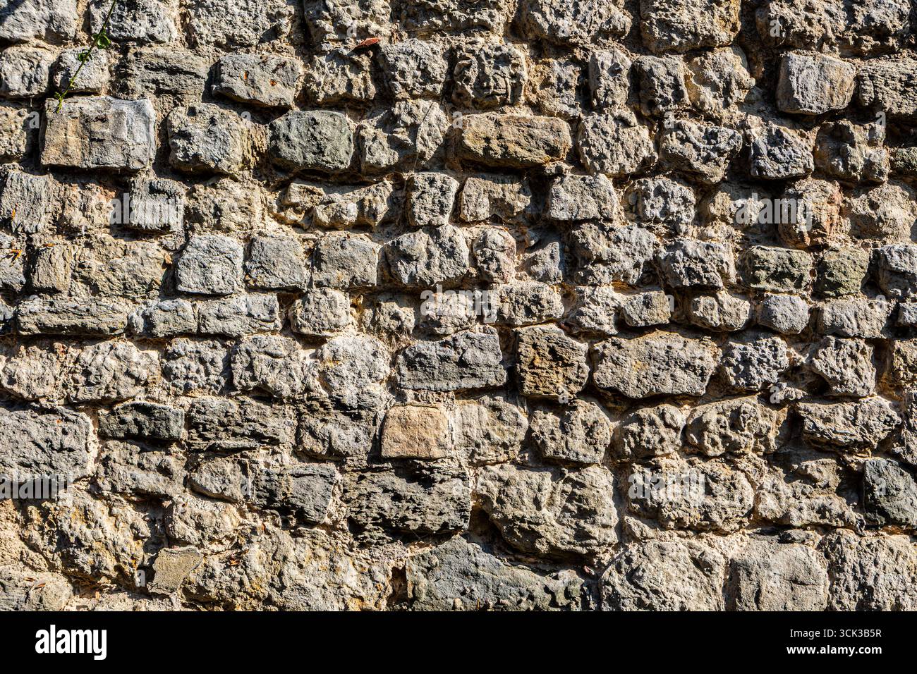 Una foto di dettaglio di un vecchio muro di pietra grezza a Hythe, Kent, Regno Unito Foto Stock