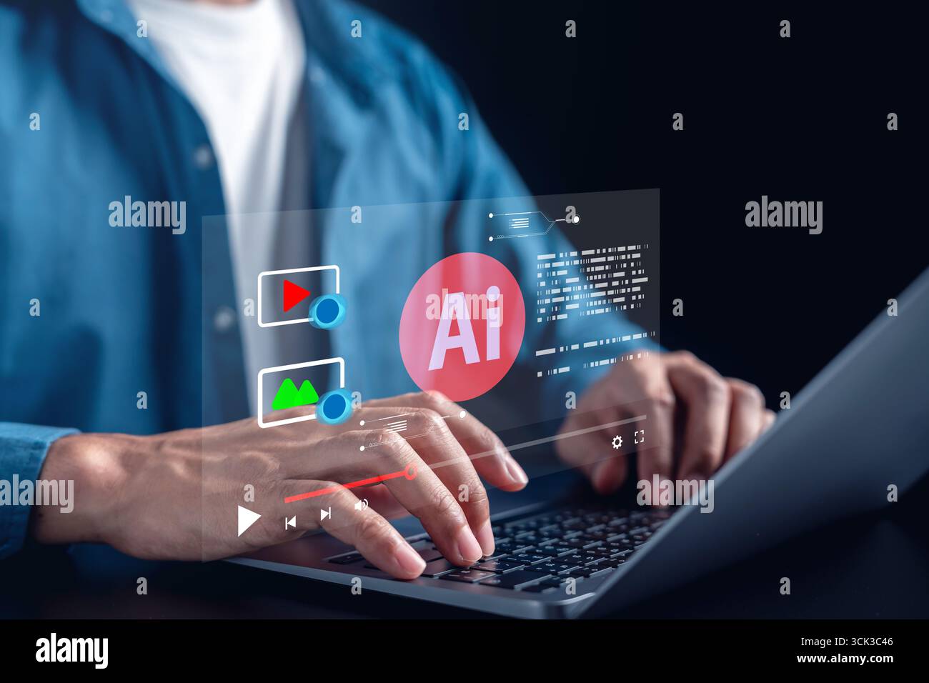 Tecnologia AI per la creazione di contenuti video, file multimediali e sistemi di codifica, intelligenza artificiale, strumenti digitali, automazione e produzione di contenuti o Foto Stock