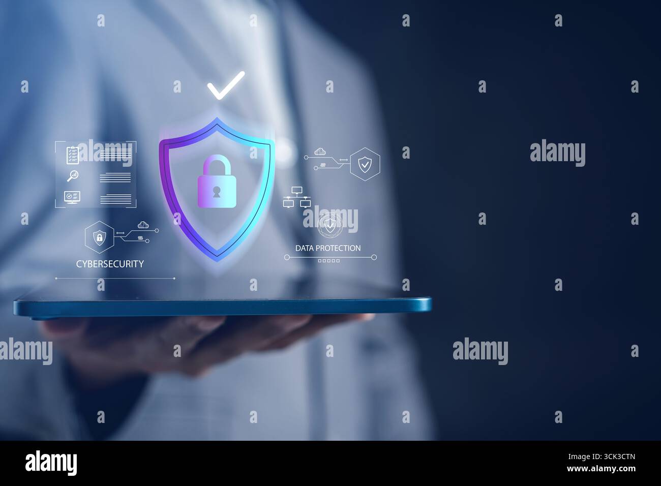 Sicurezza informatica sistema di protezione dei dati sicuro, blocco digitale e connessione di rete sicura per la privacy online, la sicurezza IT e la sicurezza sul cloud. Foto Stock