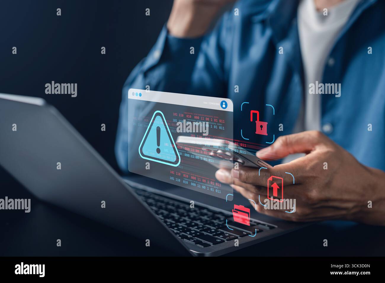 Sicurezza informatica, sicurezza dei dati, avviso di hacking e icona di avviso. violazione dei dati, vulnerabilità del sistema e rischi per la privacy di internet. Foto Stock