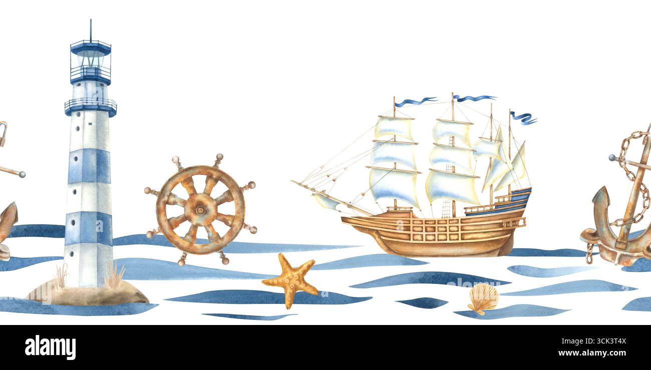 Confine perfetto con barca a vela, faro, ancora, volante e semplici linee astratte curve delle onde oceaniche. Illustrazione ad acquerello disegnata a mano Foto Stock