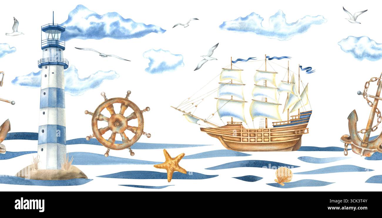 Bordo senza interruzioni con barca a vela, faro, ancora, volante, cielo nuvoloso e linee astratte curve di onde. Illustrazione ad acquerello disegnata a mano Foto Stock