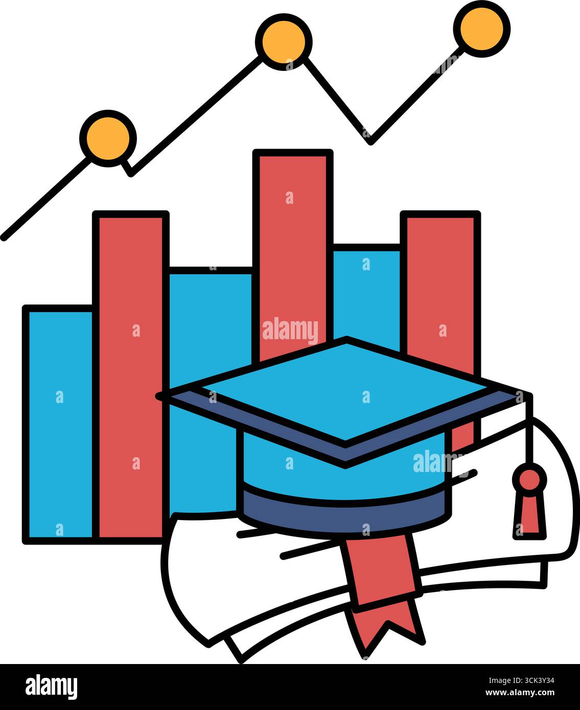 Un cappello graduato si trova sopra una pila di libri. Il cappuccio è circondato da una linea di numeri e grafici. Concetto di risultato accademico e importa Illustrazione Vettoriale