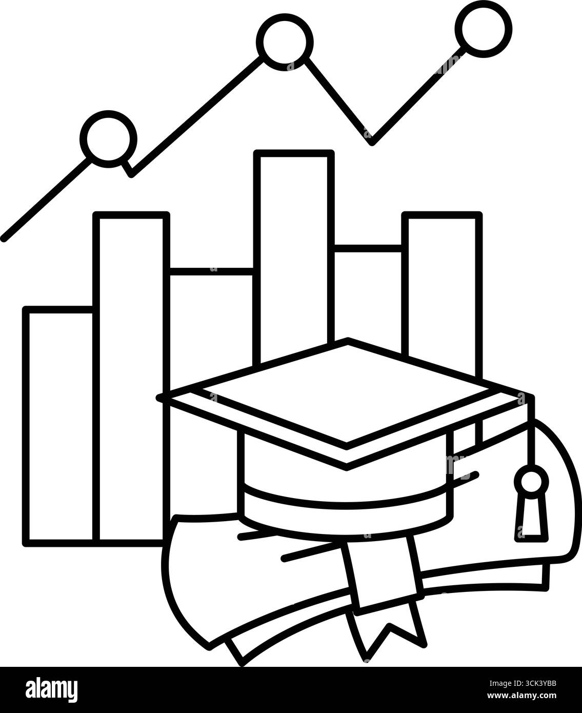 Un cappello graduato si trova sopra una pila di libri. Il cappuccio è circondato da una linea di numeri e grafici. Concetto di risultato accademico e importa Illustrazione Vettoriale