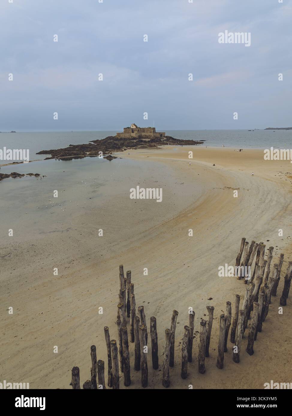 La vista dei pali di legno intemprati si erge saldamente sull'ampia spiaggia di sabbia che conduce a un lontano forte in pietra sotto un cielo tenue, Saint-Malo, Bretagna, Francia. Foto Stock