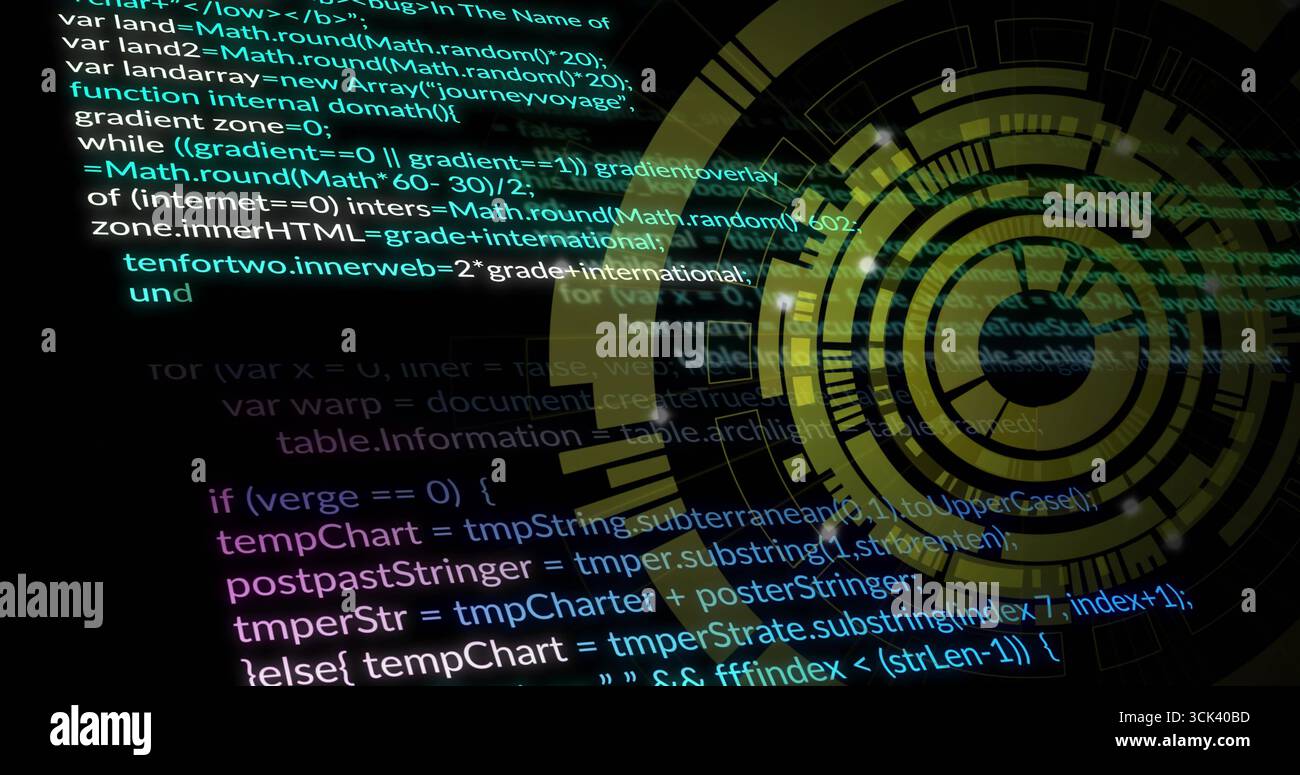 HUD circolare luminoso che si sovrappone allo schermo con codice scuro con righe di sintassi codificate a colori, spazio di copia Foto Stock