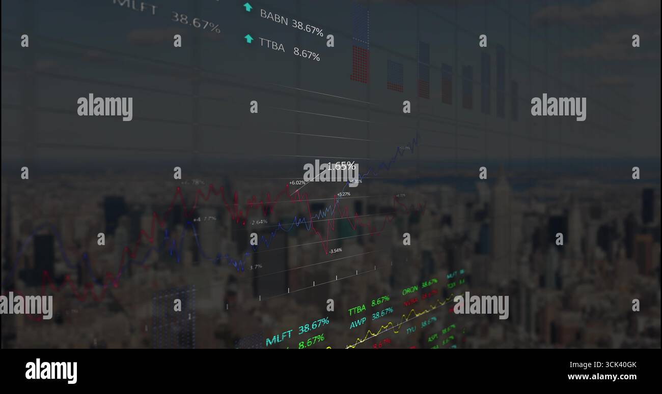 Visualizzazione di diagrammi trasparenti sullo skyline aereo, con grafici, frecce e numeri fluttuanti Foto Stock