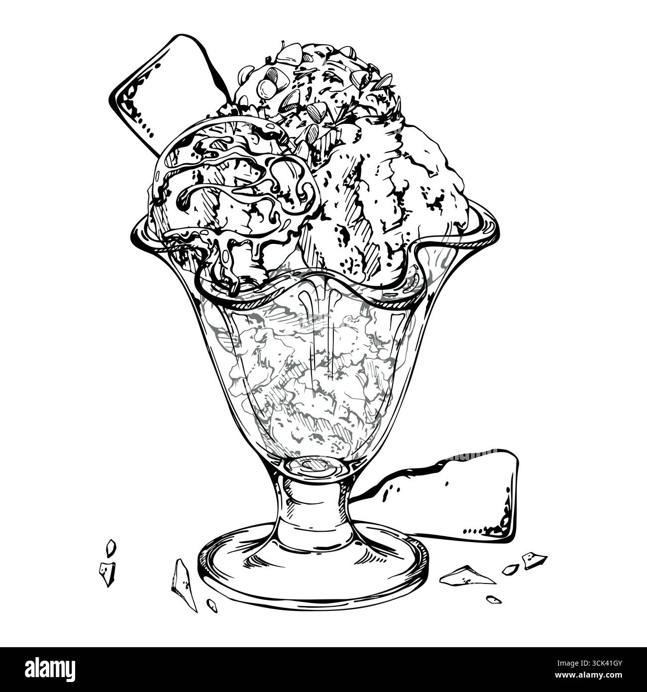 Sessole di gelato con gocce di cioccolato, glassa di sciroppo servita in una ciotola di vetro. illustrazione grafica disegnata a mano con inchiostro vettoriale. Caffè Illustrazione Vettoriale