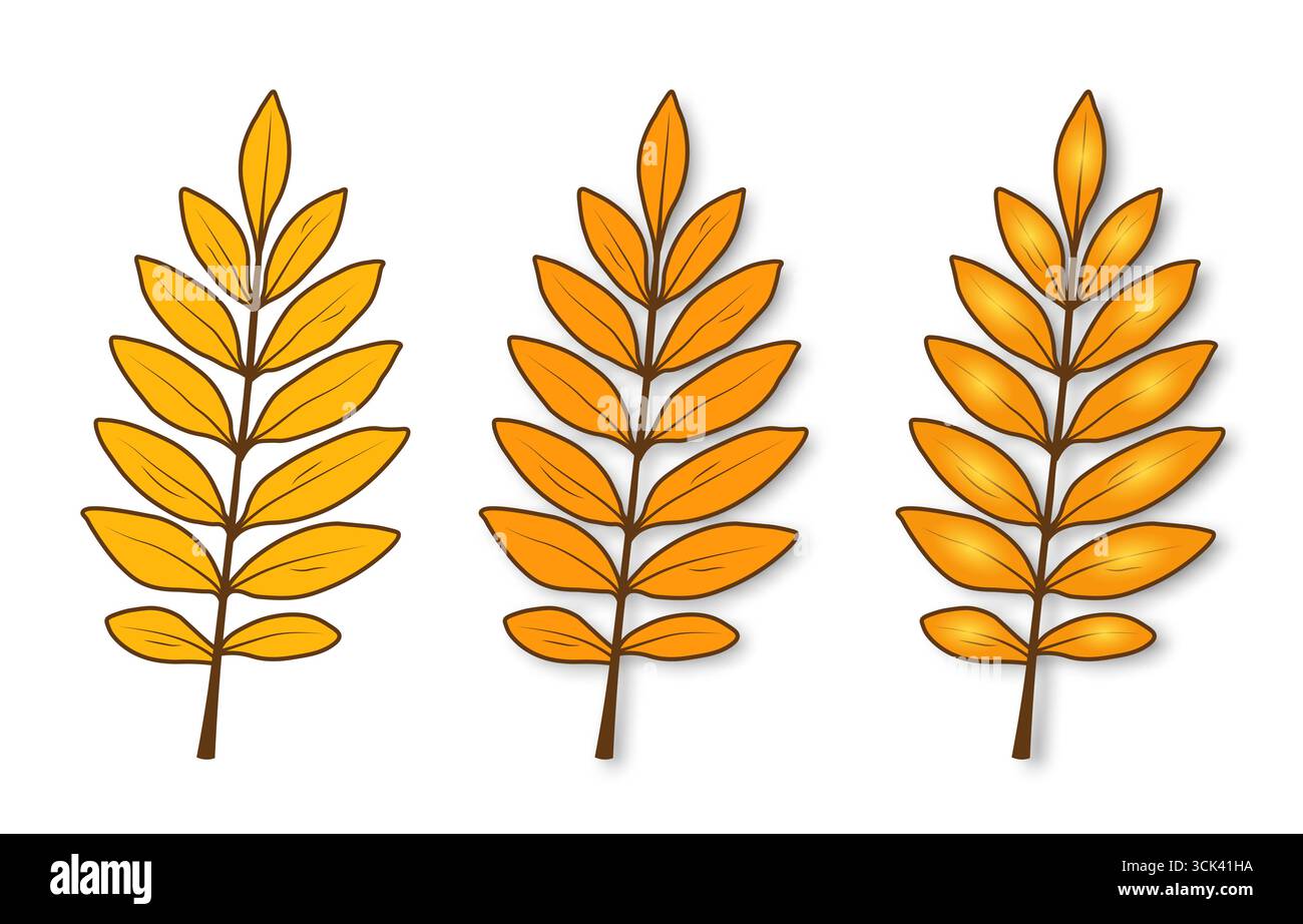 Un set di foglie autunnali giallo-arancio con venature e ombre evidenziate su sfondo bianco. Illustrazione Vettoriale