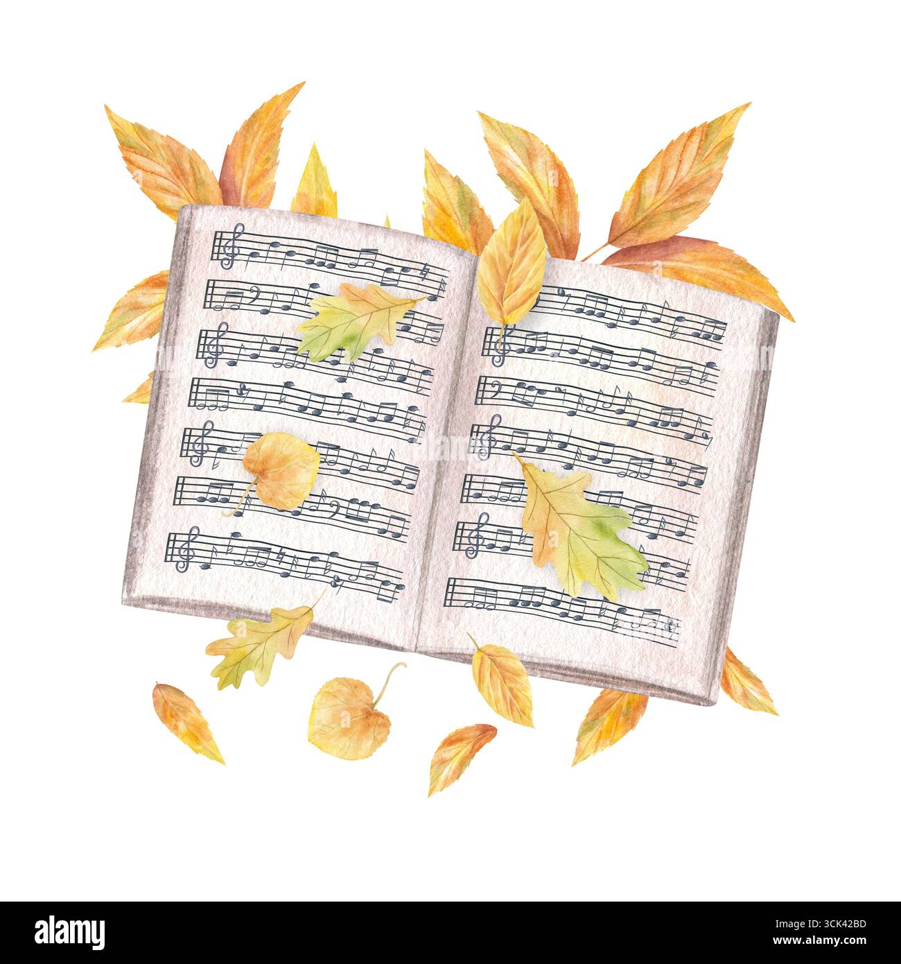 Apri il quaderno musicale con il personale e appunti su foglie di cenere gialle arancioni illustrazione ad acquerello su sfondo isolato. Carta musicale Foto Stock