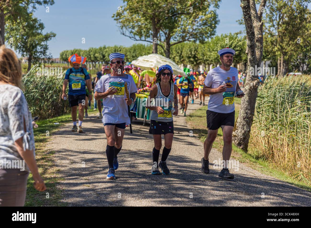 PAUILLAC, FRANCIA - 6 SETTEMBRE 2025: Numerosi corridori che attraversano il paesaggio del Medoc durante la Maratona del Medoc Foto Stock