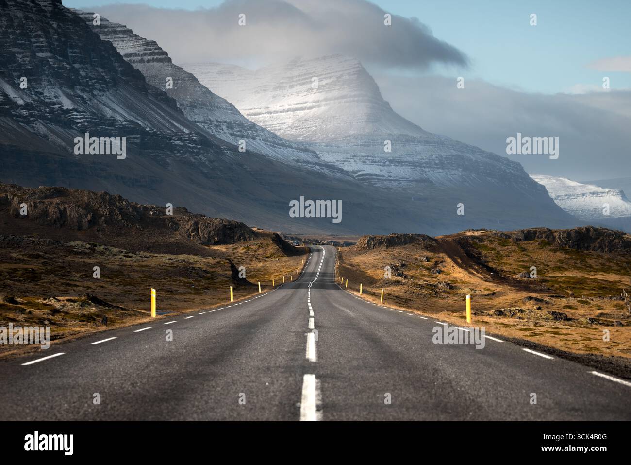 La vista di una lunga strada asfaltata si estende in lontananza, fiancheggiata da campi dorati che contrastano con le montagne innevate sotto un cielo nuvoloso, l'Islanda. Foto Stock