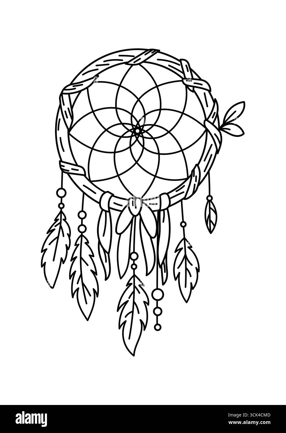Disegnare il disegno di Dreamcatcher con piume e perline. Perfetto per l'estetica boho, i disegni spirituali e le pagine da colorare stampabili. Illustrazione Vettoriale
