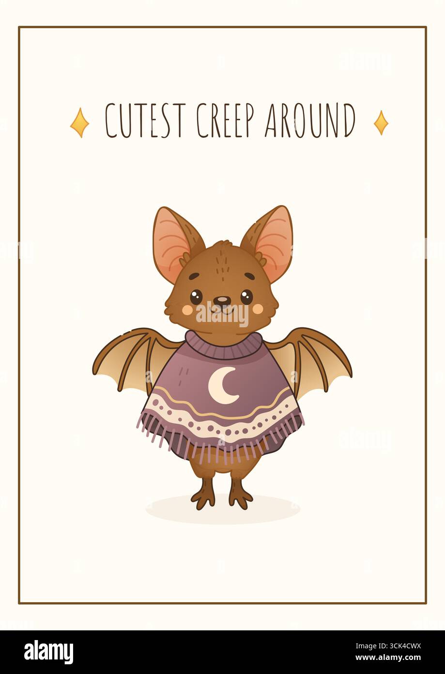 Adorabile mazza dei cartoni animati che indossa un comodo poncho boho. Cartolina animalissima a tema Halloween, con vibrazioni spettrali kawaii e frasi giocose. Illustrazione Vettoriale