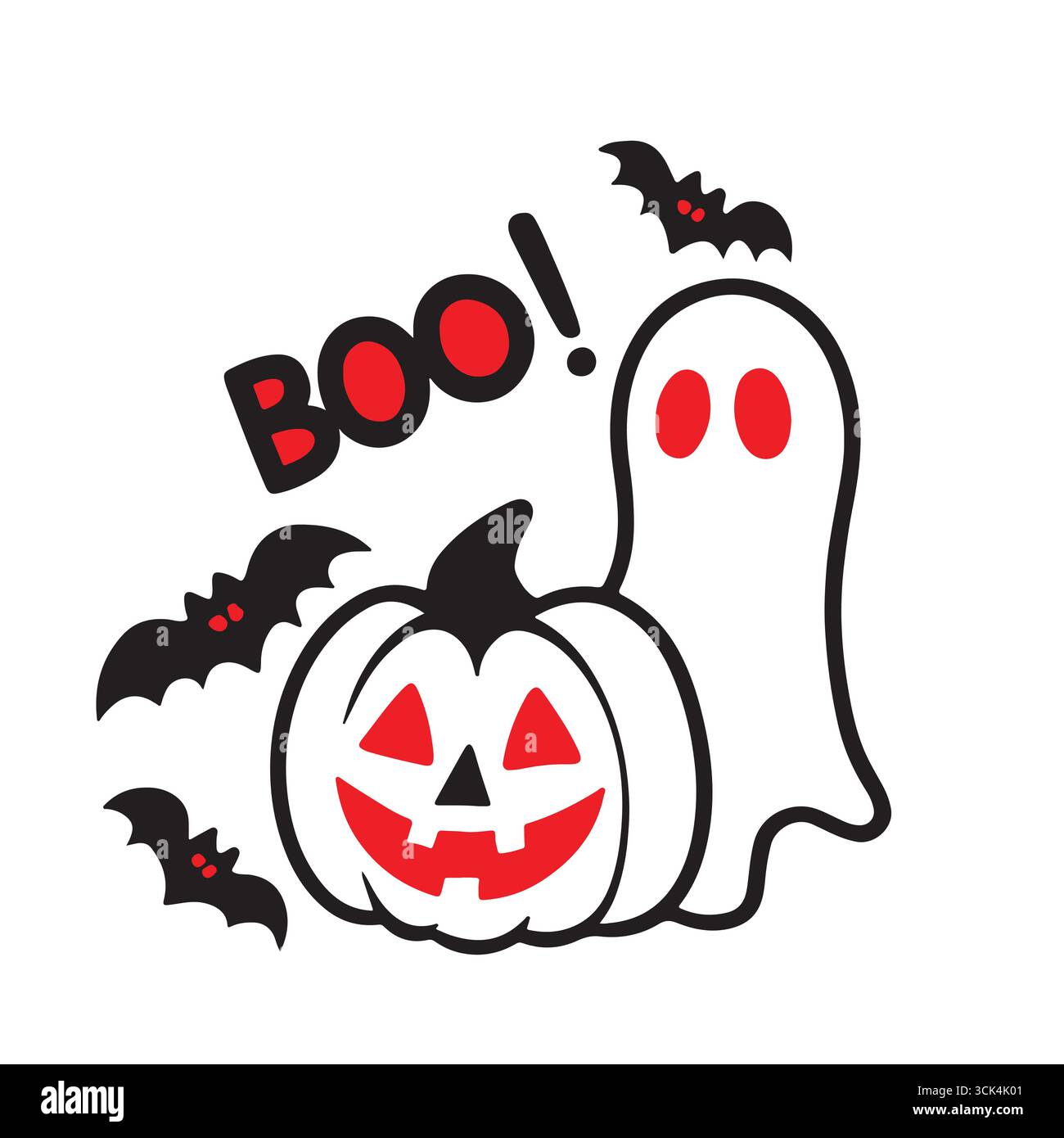Graziosa illustrazione di Halloween con la parola "BOO" con un allegro fantasma, zucca, ragnatela e pipistrelli volanti. Il fantasma indossa un fiore, Illustrazione Vettoriale