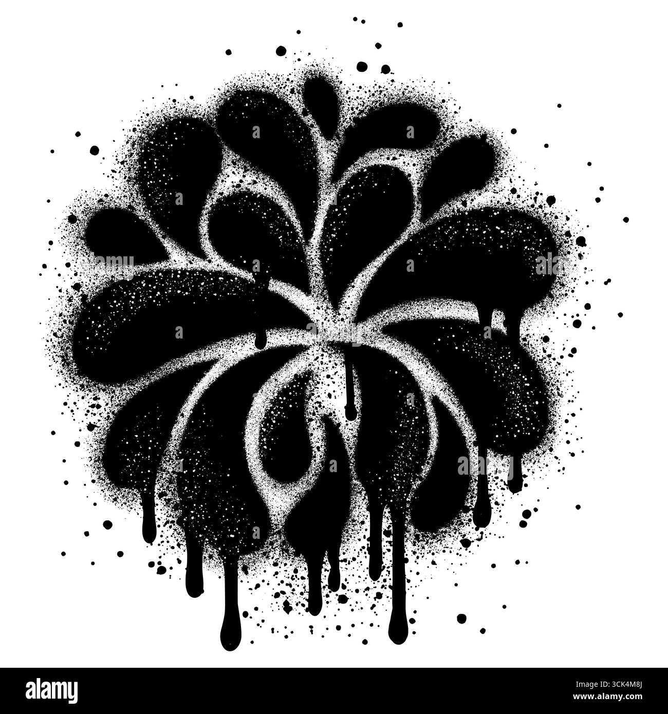 Graffiti in fiore al crisantemo verniciati in nero isolato su sfondo bianco. Illustrazione Vettoriale